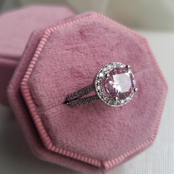 Swarovski Elements 925 Sterling Silver Round Pink Solitaire Halo Ring NEW - Picture 16 of 17